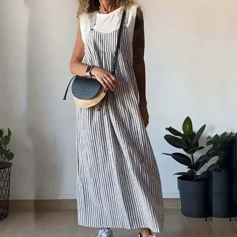 Street Striped Print Beach Elegant Chic Pleat Strap Summer Sleeveless Buckles Floral High Dress