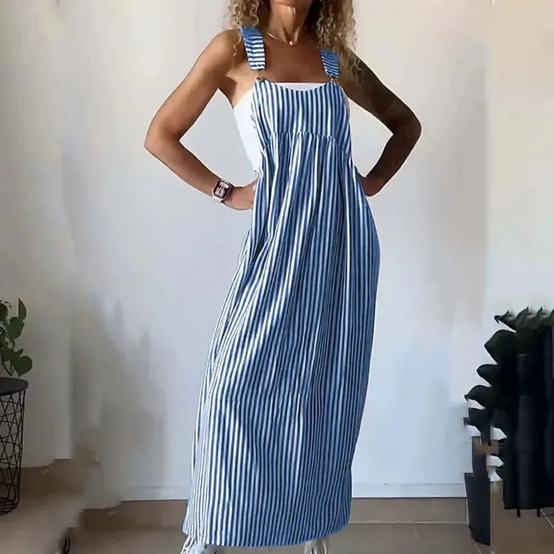 Street Striped Print Beach Elegant Chic Pleat Strap Summer Sleeveless Buckles Floral High Dress