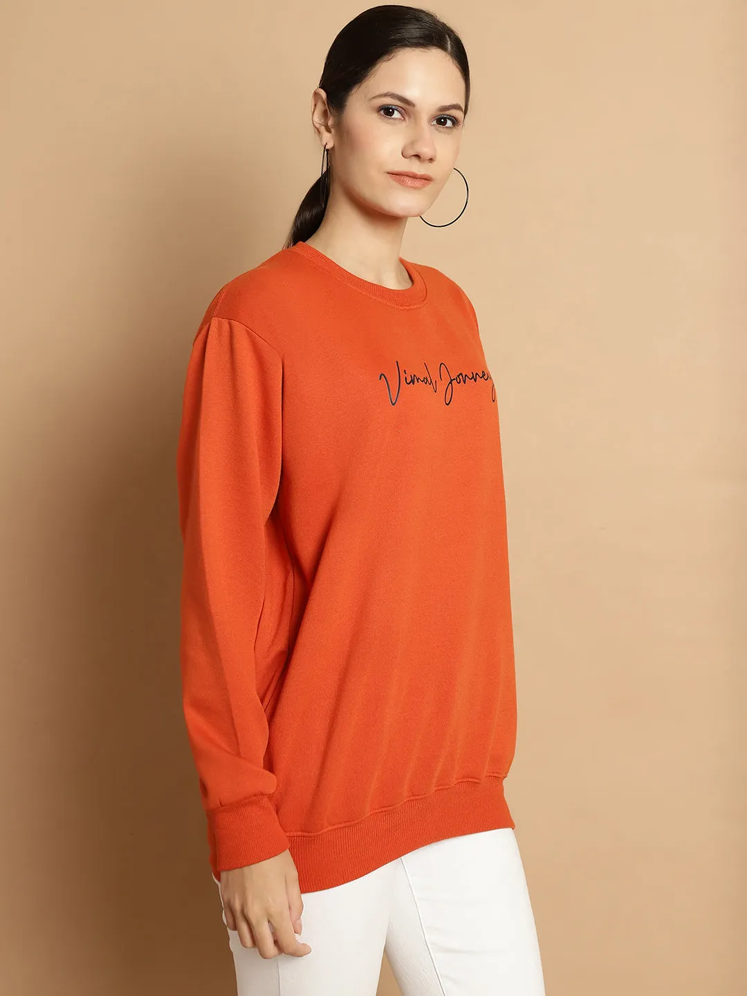 Vimal Jonney Rust Printed Round Neck Cotton Fleece Sweatshirt for Women