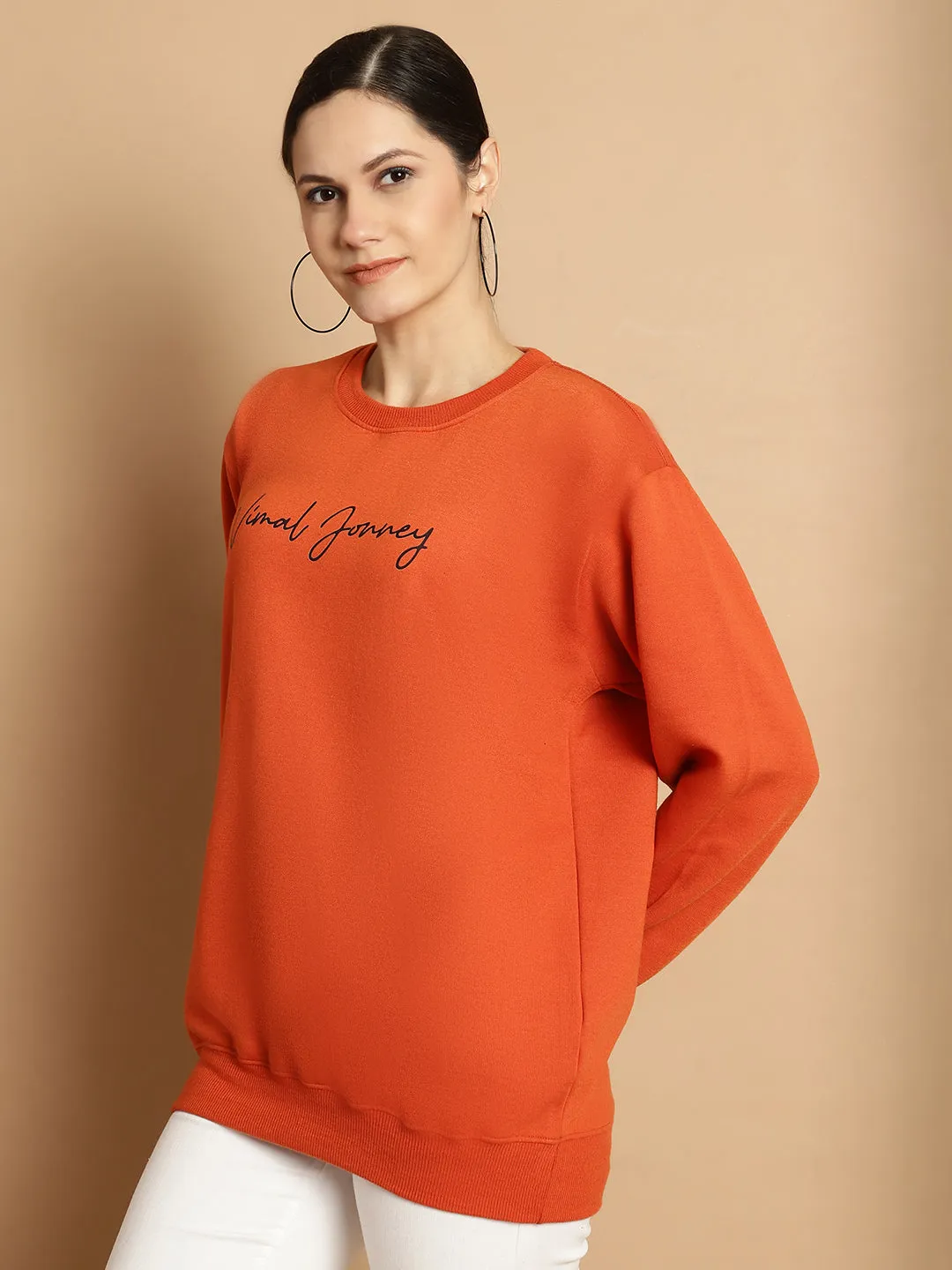 Vimal Jonney Rust Printed Round Neck Cotton Fleece Sweatshirt for Women