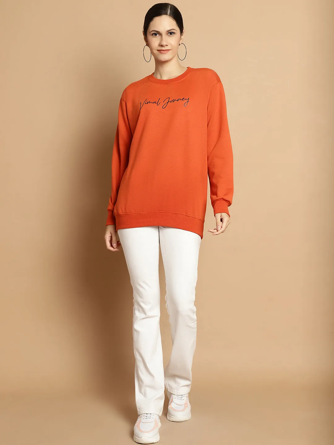 Vimal Jonney Rust Printed Round Neck Cotton Fleece Sweatshirt for Women