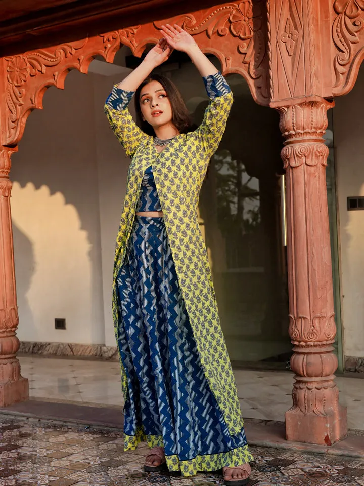 Women'S Yellow Shurg Style Cotton Kurta With Skirt