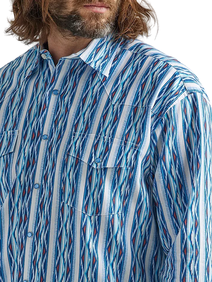 Wrangler Men's Checotah Long Sleeve Western Snap Printed Sea Blue Shirt - Big