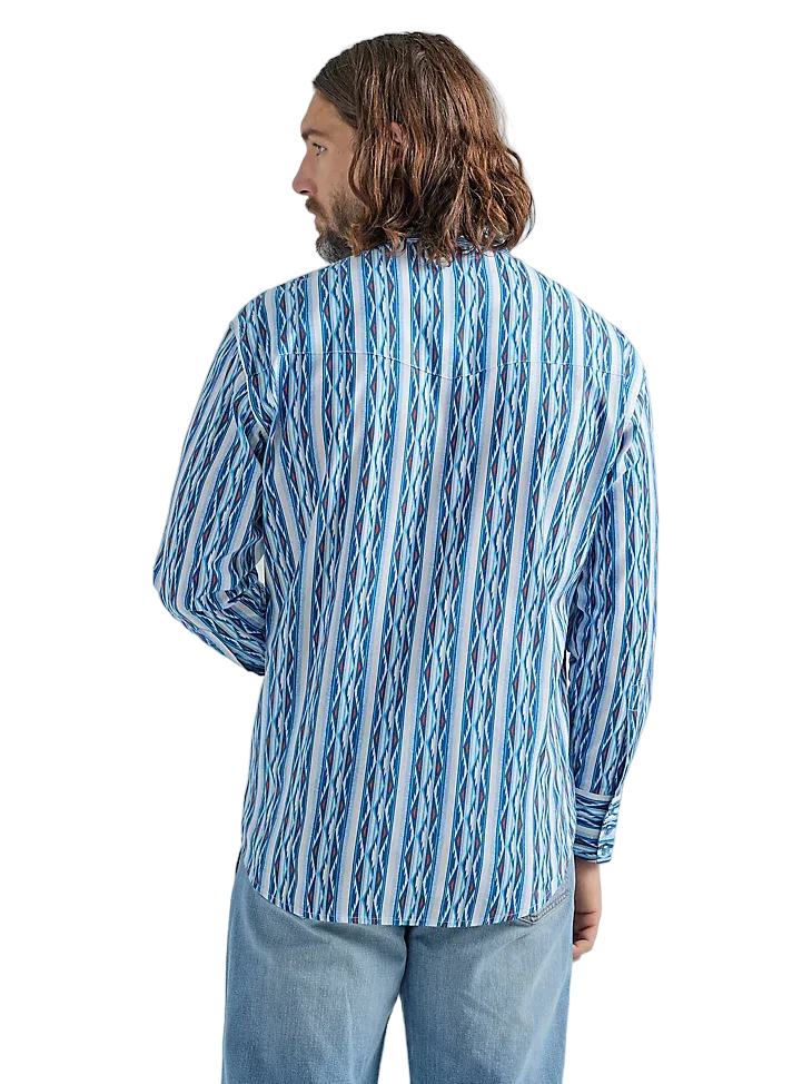 Wrangler Men's Checotah Long Sleeve Western Snap Printed Sea Blue Shirt - Big