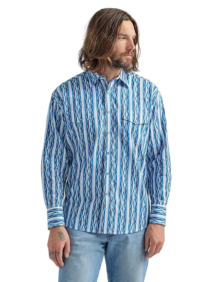 Wrangler Men's Checotah Long Sleeve Western Snap Printed Sea Blue Shirt - Big